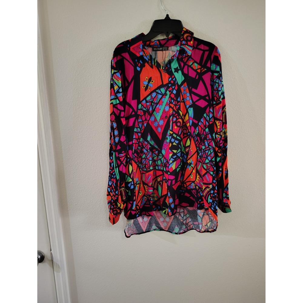 Big Dart Womens Multicolor Geometric Mosaic Print Long Sleeve Button Up Shirt L
